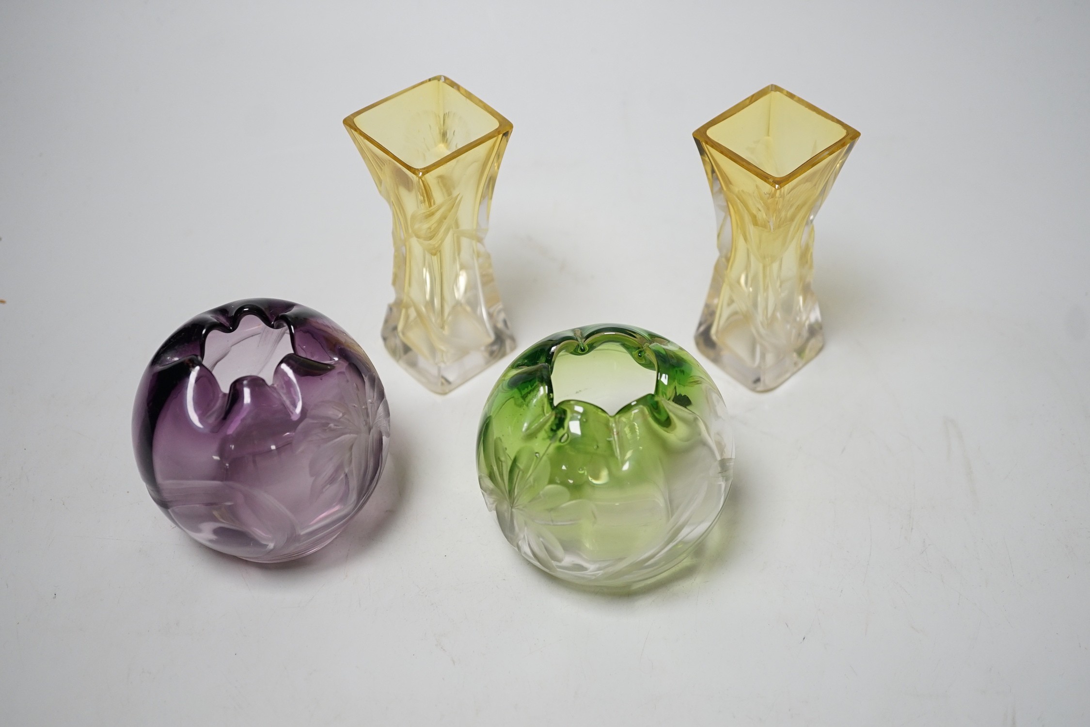 Two pairs of Moser wheel engraved coloured glass posy vases. Tallest 10cm